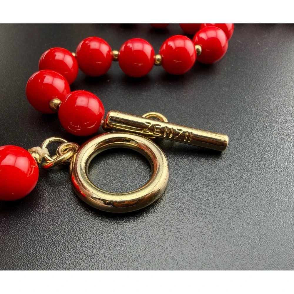 Zenzii Necklace Red Gold Beaded Long Statement Hoop‎ Accents Toggle Lightweight